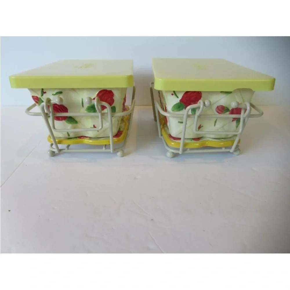 Yellow Old World Rose 8 Pc Set 2 Ceramic 1 QT Plates Lids Baskets